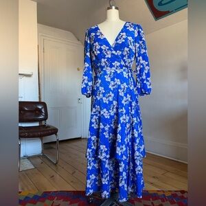 Eliza J Blue Floral Faux Wrap Tiered Maxi Dress Size 6